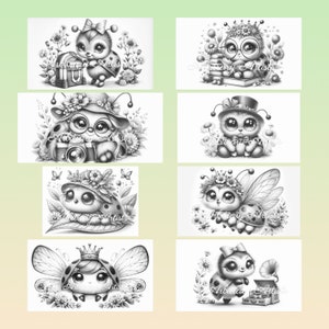 Puede incluir: Un conjunto de ocho ilustraciones digitales en blanco y negro de lindas mariquitas con diferentes accesorios y poses. Las mariquitas llevan sombreros, gafas, coronas y alas. Est&aacute;n rodeadas de flores y otros elementos de tem&aacute;tica natural.