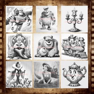 May include: Black and white illustrations of various Disney characters, including Buzz Lightyear, Sully, Ursula, and more.