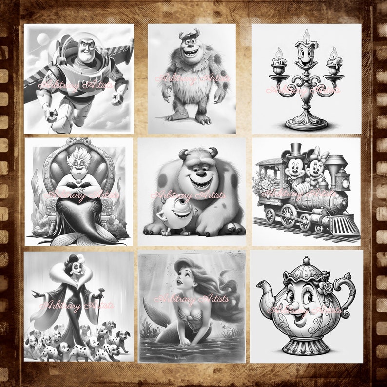 May include: Black and white illustrations of various Disney characters, including Buzz Lightyear, Sully, Ursula, and more.