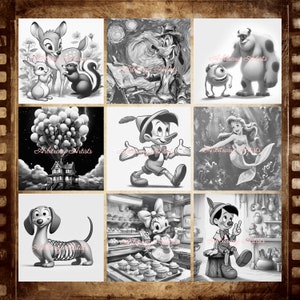 May include: A collage of nine black and white images featuring various Disney characters. The images include a deer, a squirrel, a rabbit, Mickey Mouse, Goofy, Sully, Mike, Pinocchio, Ariel, a dachshund, and Donald Duck.