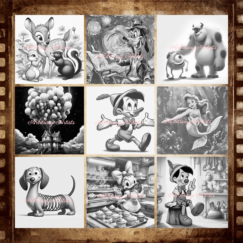 May include: A collage of nine black and white images featuring various Disney characters. The images include a deer, a squirrel, a rabbit, Mickey Mouse, Goofy, Sully, Mike, Pinocchio, Ariel, a dachshund, and Donald Duck.