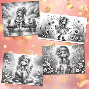 May include: Four black and white illustrations of girls with flowers in their hair. The girls are wearing bohemian clothing and are surrounded by flowers. The illustrations are in a whimsical style.