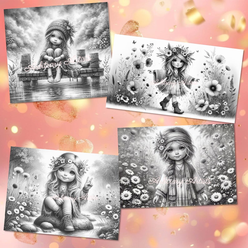 May include: Four black and white illustrations of girls with flowers in their hair. The girls are wearing bohemian clothing and are surrounded by flowers. The illustrations are in a whimsical style.