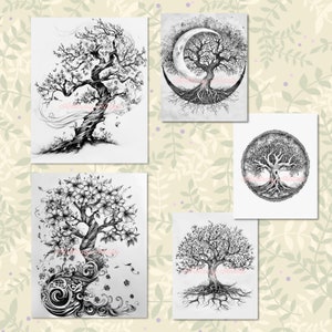 May include: Set of four black and white drawings of trees with intricate roots and branches. The trees are depicted in various styles, including a tree with a crescent moon, a tree with a circular frame, and a tree with a swirling base.
