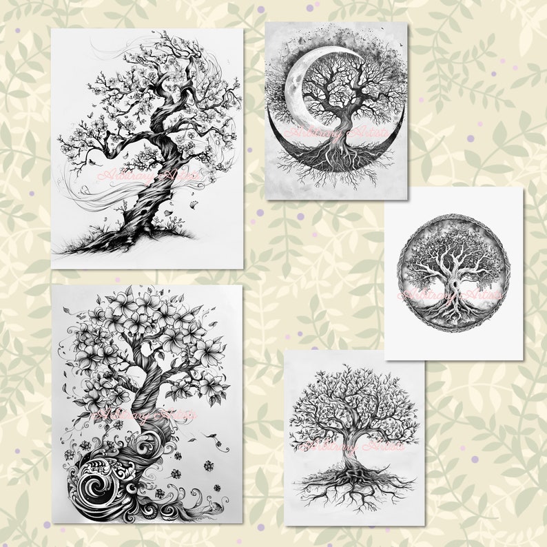 May include: Set of four black and white drawings of trees with intricate roots and branches. The trees are depicted in various styles, including a tree with a crescent moon, a tree with a circular frame, and a tree with a swirling base.