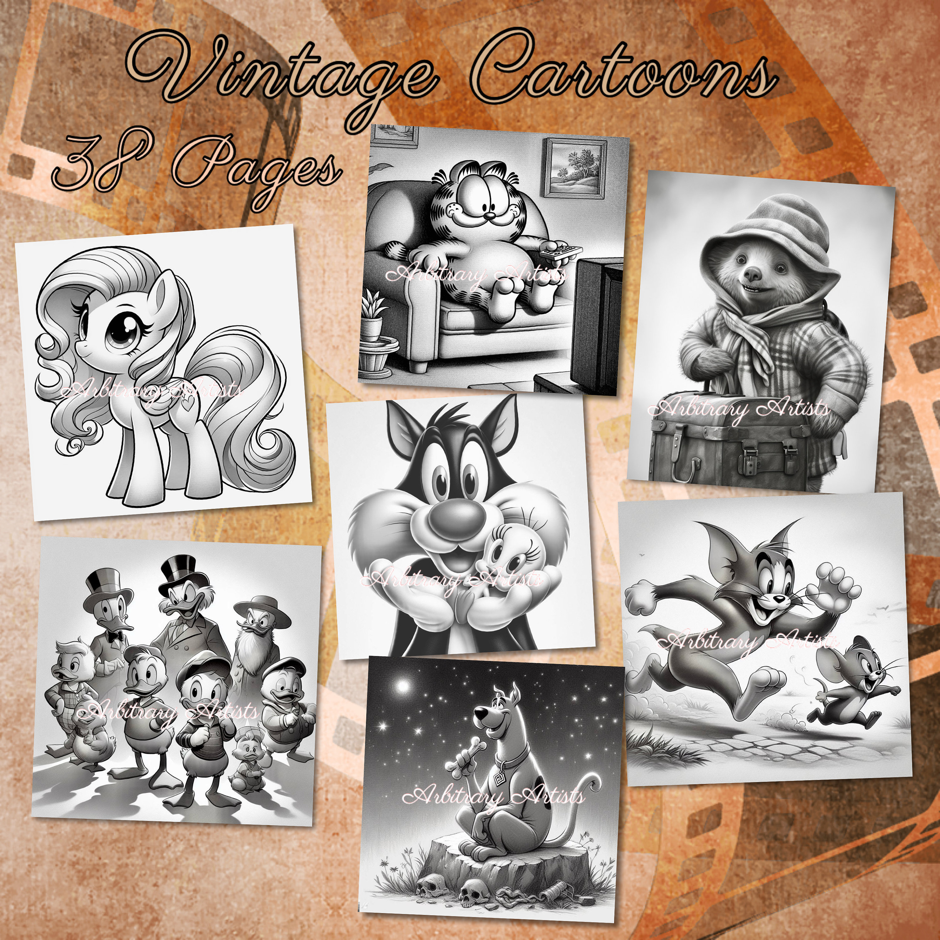 Dessins animés vintage 38 pages à colorier en niveaux de gris