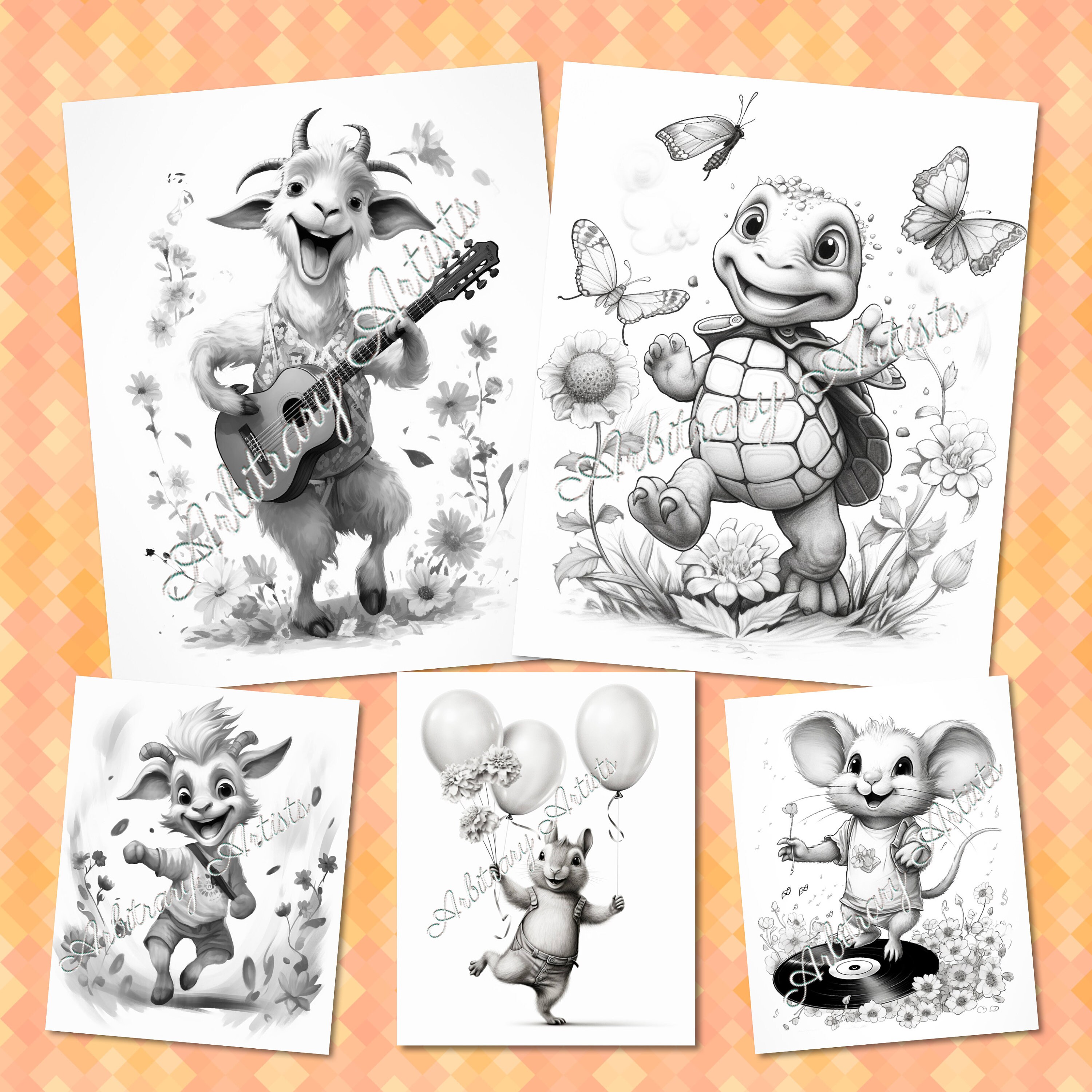 Party Animals 35 Fun Adorable Grayscale Coloring Pages - Etsy