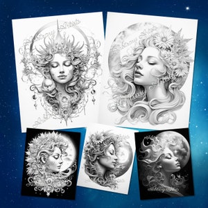 Puede incluir: Conjunto de cuatro p&aacute;ginas para colorear imprimibles en blanco y negro con ilustraciones detalladas de mujeres con cabello suelto y detalles florales. Cada p&aacute;gina incluye una luna y el texto "Arbitrary Artists".