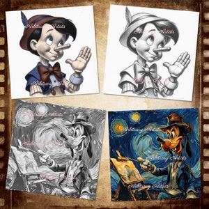 May include: A digital art collage featuring two Disney characters. The first image shows Pinocchio with a long nose, wearing a blue jacket and a red bow tie. The second image shows Goofy wearing a brown hat and a blue jacket, painting a canvas with a starry night background.