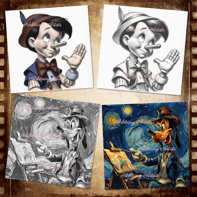 May include: A digital art collage featuring two Disney characters. The first image shows Pinocchio with a long nose, wearing a blue jacket and a red bow tie. The second image shows Goofy wearing a brown hat and a blue jacket, painting a canvas with a starry night background.