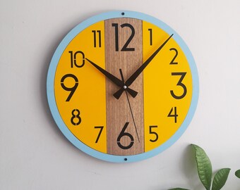 Horloge murale de style moderne-silencieuse, sans tic-tac-13'' horloge vert-jaune pour la maison/chambre/bureau/salle de classe/salon Decor-cadeau pour elle, lui, ami