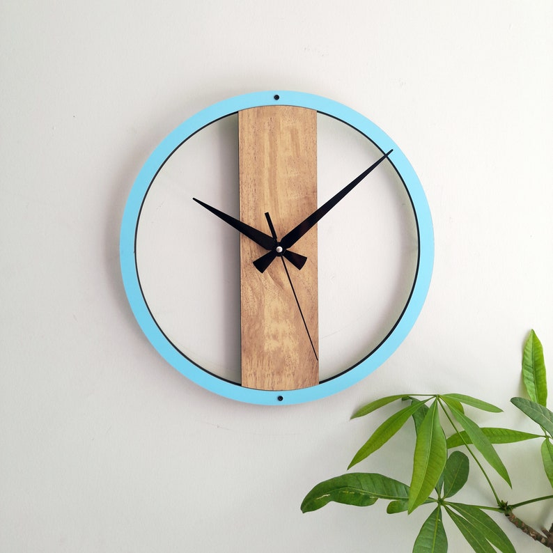 Horloges d'art minimalistes, horloges murales en bois simples, décoration murale pour salon, chambre à coucher, cuisine, maison, bureau, cadeau pour elle, amis, horloge silencieuse Blue
