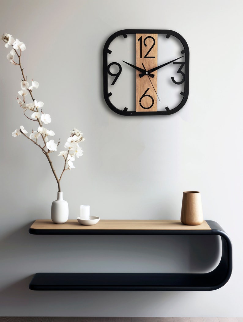 Horloge murale carrée moderne, horloge unique en bois, décoration murale pour salon, chambre, cuisine, maison, bureau, cadeau pour elle, amis, horloge silencieuse image 4