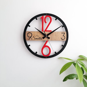 Horloge murale unique moderne, horloges en bois personnalisées, décoration murale pour salon, chambre à coucher, cuisine, maison, bureau, cadeau pour elle, amis, horloge silencieuse Red