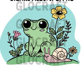 Frog and Snail JPG PNG For Printing, Cute Critters, Sublimation, Print, Crafting, Nature Scene Frog and Snail with Flowers, Floral Design