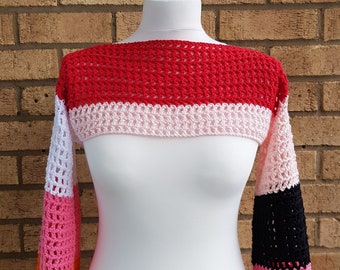 Hand Made Striped Crochet Shrug Crop Top Bolero Mesh Top Long Sleeves