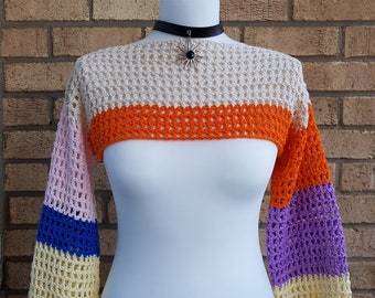 Hand Made Striped Crochet Shrug Crop Top Bolero Mesh Top Long Sleeves