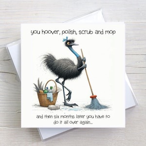 Carte d'anniversaire pour toute occasion - émeu de travaux ménagers - carte de voeux humour adulte - BW0085