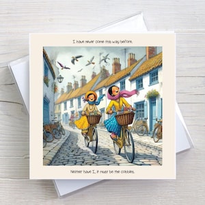 Tarjeta de cumpleaños para cualquier ocasión: damas groseras y divertidas, bicicletas y adoquines. Tarjeta de felicitación con humor para adultos. BW0022