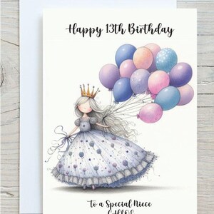 Cartão de aniversário personalizado para meninas - Princesa e balões - Cartão de felicitações para filha, neta, sobrinha, irmã, amiga - BWP0029
