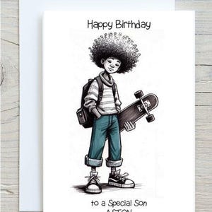 Tarjeta de cumpleaños personalizada para niños: patinador en patineta. Tarjeta de felicitación para hijo, nieto, hermano, sobrino y amigo. BWP0018