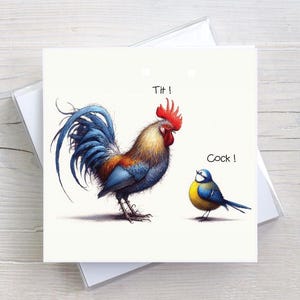 Peut inclure: Carte de vœux humoristique avec un coq coloré et un petit oiseau bleu et jaune. Le coq a des plumes bleues et orange et une crête rouge. Les textes "Tit !" et "Cock !" sont imprimés au-dessus des oiseaux.