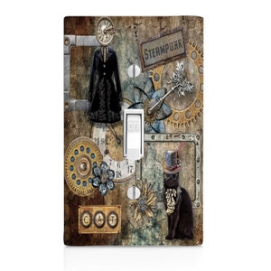 May include: A light switch cover with a steampunk design featuring a clock, gears, a cat wearing a top hat and goggles, and the word "STEAMPUNK".