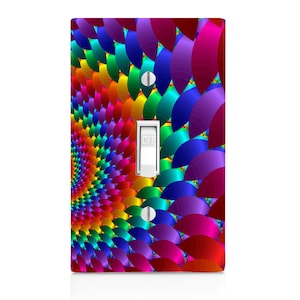 May include: A light switch cover with a colorful, swirling pattern of overlapping rainbow-colored petals. The switch is labeled "OFF".