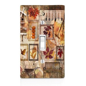 May include: A light switch cover with a collage of fall-themed images, including leaves, pumpkins, a bird, a wheelbarrow, and gardening tools. The text "Home and Garden" is visible at the top of the image.