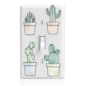 May include: Four light switch covers with a white background and a light switch in the center. Each cover features a different cactus or succulent plant in a pot with a watercolor-style design. The text "OFF" is printed on the light switch.