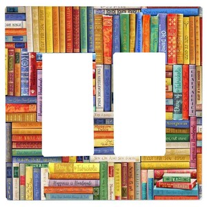 May include: A double light switch wall plate featuring a colourful collage of book spines with sewing and crafting titles. The design includes various vertical books in shades of red, blue, yellow, green, and orange with visible text.