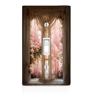 May include: A decorative light switch cover featuring a romantic scene of a window draped with pink curtains and overflowing with pink flowers. The switch is white with the word "OFF" printed on it.