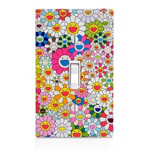 May include: A white light switch cover with a colorful floral pattern. The flowers are pink, yellow, green, blue, and white. The flowers have smiling faces. The switch is labeled "OFF".