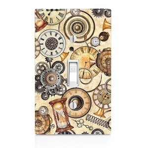 May include: A light switch cover with a vintage steampunk design featuring clocks, gears, and an hourglass. The background is a light beige with a distressed look.