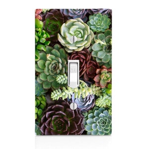 May include: A light switch cover with a close-up image of a variety of succulents in shades of green, red, and purple.