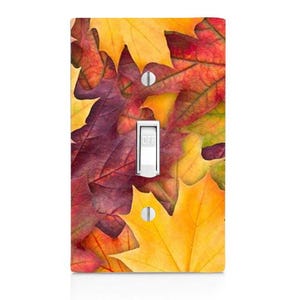 May include: A light switch cover with a design of autumn leaves in shades of red, orange, and yellow.