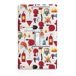 May include: A white light switch cover with a colorful pattern of firefighter icons, including a fire extinguisher, a fire hydrant, a fireman's helmet, a fire hose, and an axe. The switch is labeled "OFF".