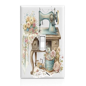 May include: A vintage-style light switch cover featuring a watercolor illustration of a sewing machine, a table with drawers, and floral accents. The switch is labeled "OFF".