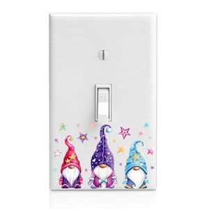May include: Three gnomes with different colored hats and beards stand in front of a light switch with a white background. The gnomes are surrounded by small stars. The light switch has the word "OFF" printed on it.