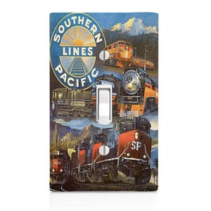 May include: A decorative light switch cover featuring a vintage Southern Pacific Railroad design. The artwork includes various train illustrations, a blue sky, and the text "Southern Pacific Lines". The switch is in the "off" position.