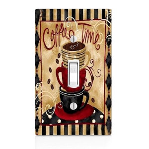 May include: A light switch cover with a vintage-style illustration of stacked coffee cups and the text "Coffee Time". The background is a beige and black striped pattern with a diamond pattern.