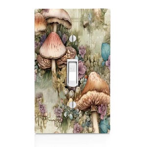 May include: A decorative light switch cover featuring a watercolor illustration of mushrooms and flowers in shades of brown, pink, and purple. The switch is white with the word "OFF" printed on it. The overall design has a whimsical, nature-inspired theme.