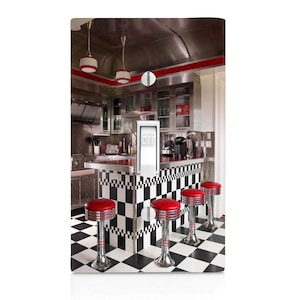 May include: A retro-style diner scene featuring a black and white checkered floor and counter. Red diner stools with chrome bases are in front of the counter. The word "OFF" is visible on a white light switch.