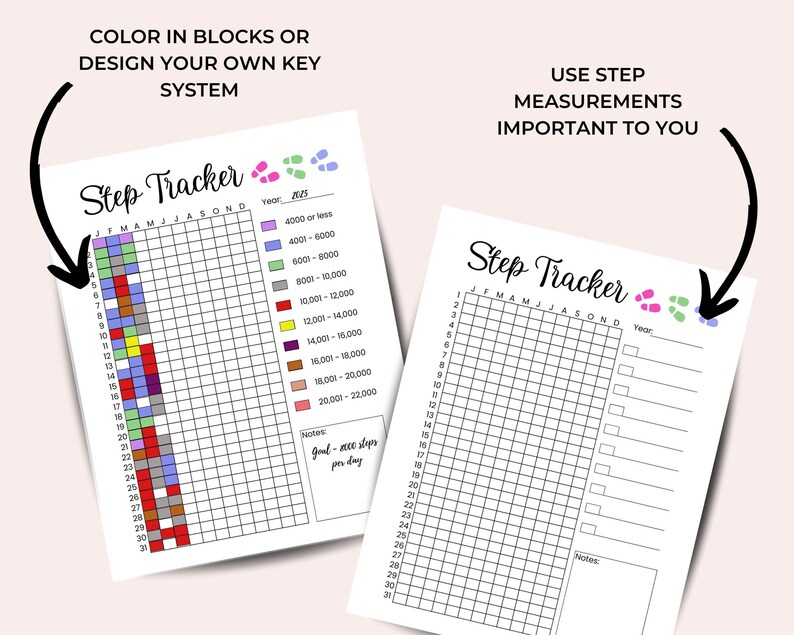 Step Rangs Yearly Step Tracker Printable: Fitness Journal Page, Daily Step Log ...