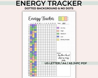 May include: A printable energy tracker with a dotted background. The tracker has a column for each month of the year and rows for each day of the month. The tracker is color-coded to indicate different energy levels: On Fire (purple), High (orange), Medium (green), Low (blue), and Barely Awake (yellow). The tracker also includes a notes section with the text "less than 7 hrs of sleep my energy tanks."