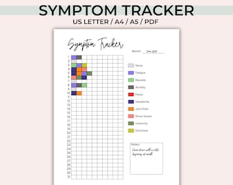 Monthly Symptom Tracker Printable - Journal Page - Symptom Log - Daily Pain Tracker -  Health Log - Chronic Pain - US Letter A4 A5 PDF