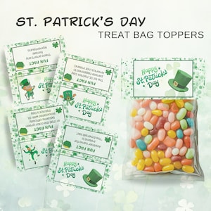 May include: Green and white printable treat bag toppers with shamrock and leprechaun designs. The toppers feature the text "Happy St. Patrick's Day" and fun facts about St. Patrick's Day.
