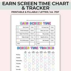 May include: A printable chart and tracker for earning screen time. The chart lists chores and activities with corresponding time allotments in minutes. The tracker is a grid with days of the week and columns for tracking screen time in half-hour increments.