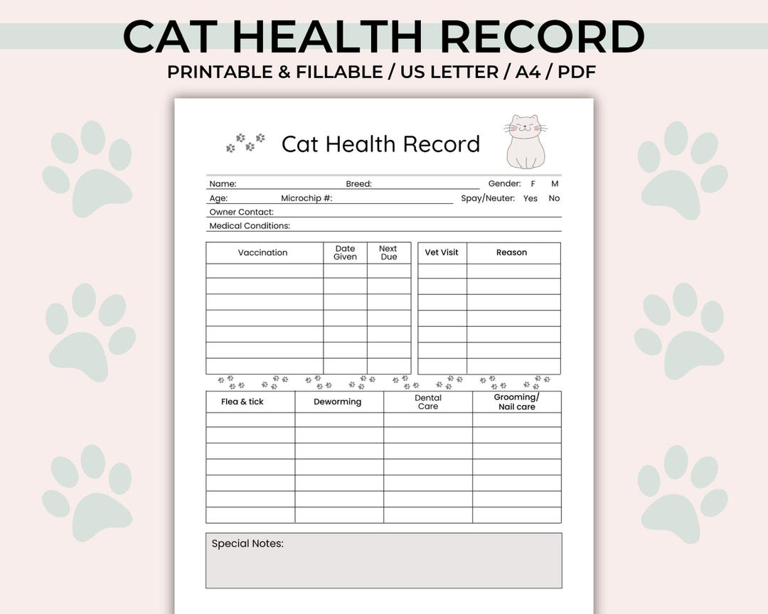 Cat Health Record Printable, Pet Health and Grooming Tracker