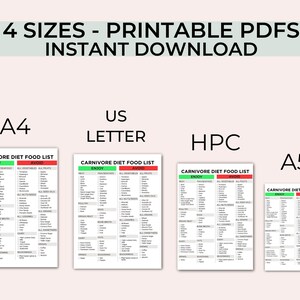 May include: Printable Carnivore Diet Food List in four sizes: A4, US Letter, HPC, and A5. The list is divided into two columns, "Enjoy" and "Avoid", with a variety of food items listed under each category.